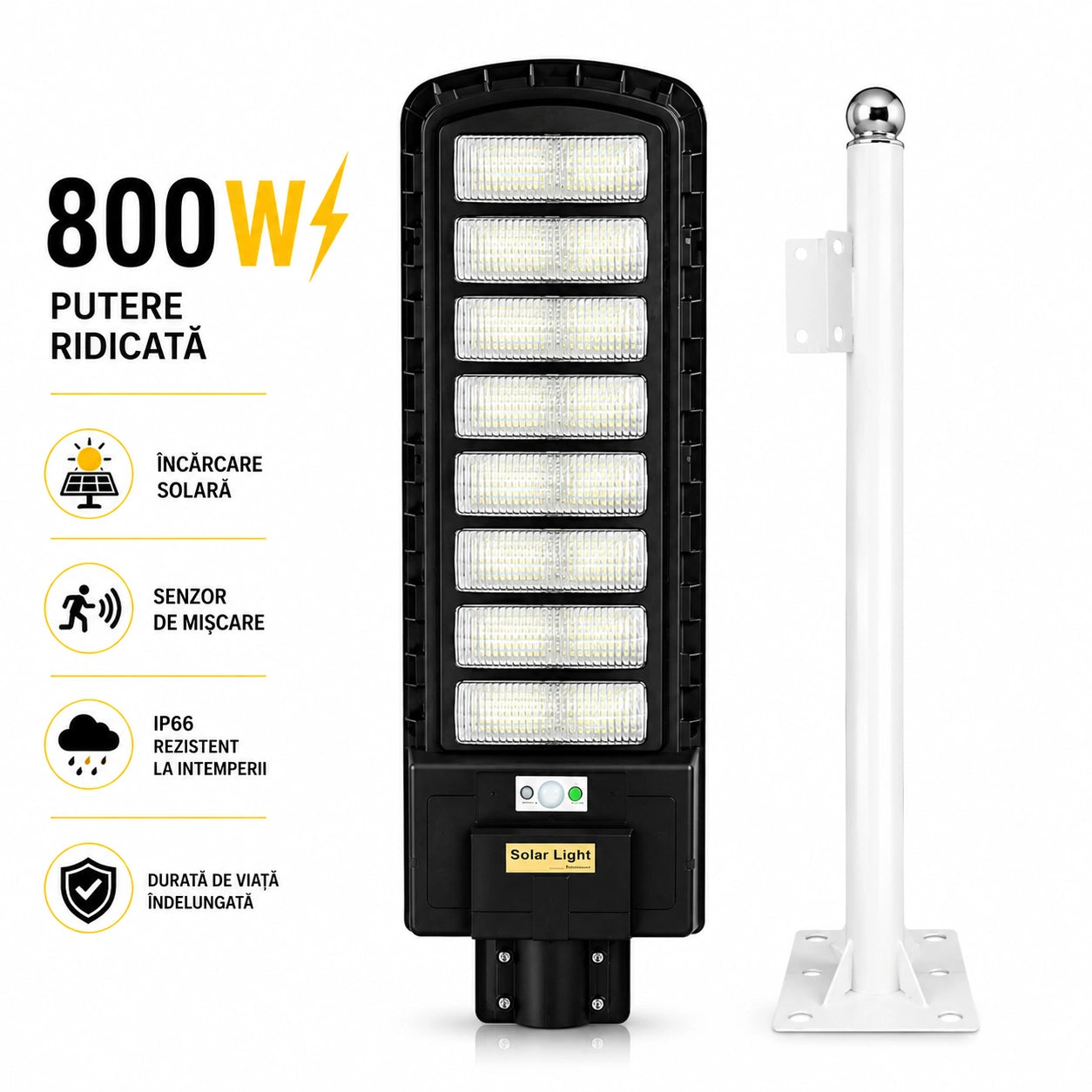 Lampa Solara Stradala 800W Jortan Pro Light LED Super Luminos 13.000 Lumeni, Autonomie 15 ore Programare inteligent din telecomanda, Stalp metalic inclus