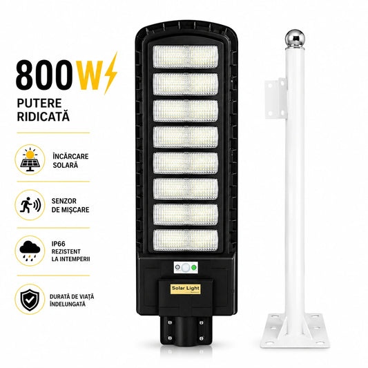 Lampa Solara Stradala 800W Jortan Pro Light LED Super Luminos 13.000 Lumeni, Autonomie 15 ore Programare inteligent din telecomanda, Stalp metalic inclus