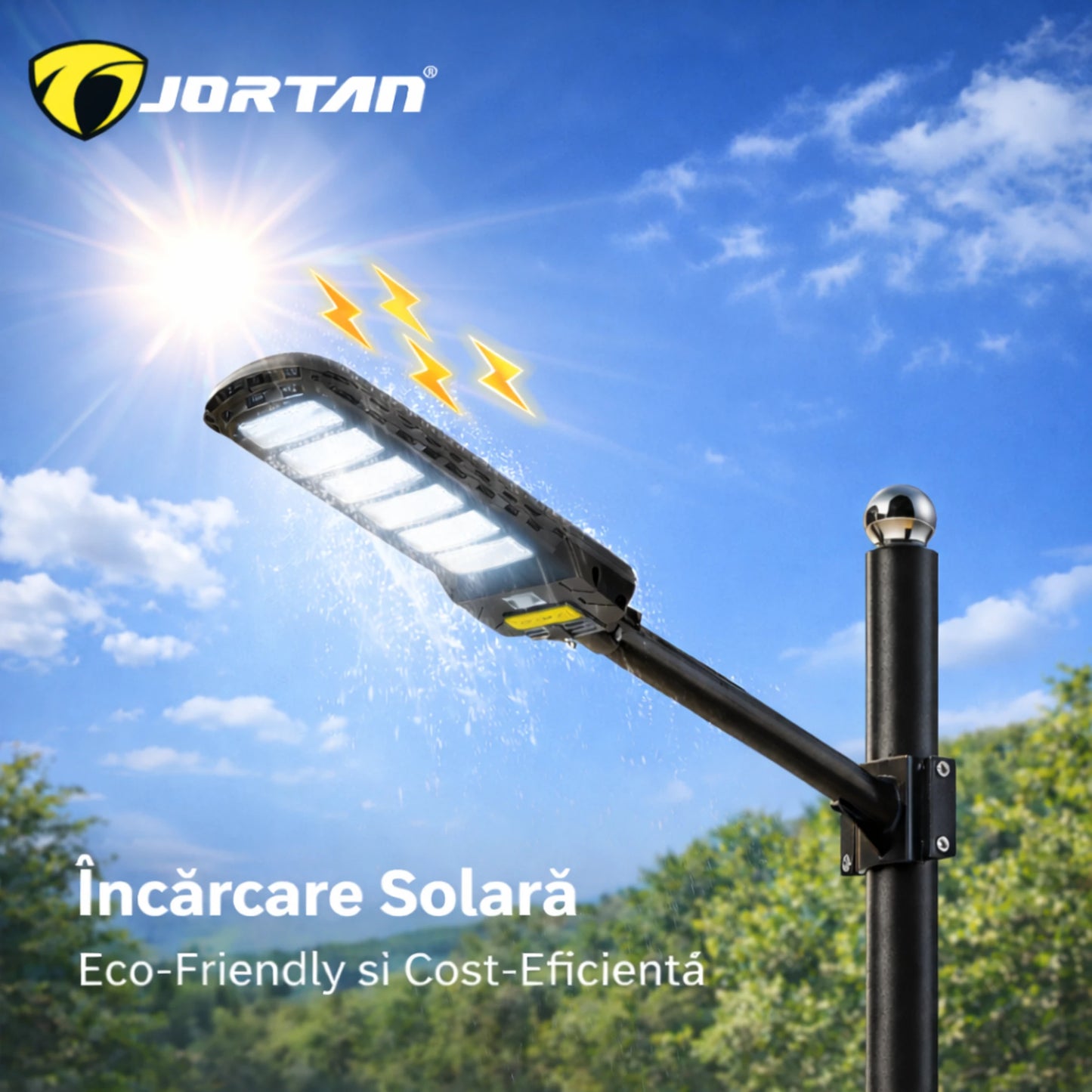 Lampa Solara Stradala 800W Jortan Pro Light LED Super Luminos 13.000 Lumeni, Autonomie 15 ore Programare inteligent din telecomanda, Stalp metalic inclus