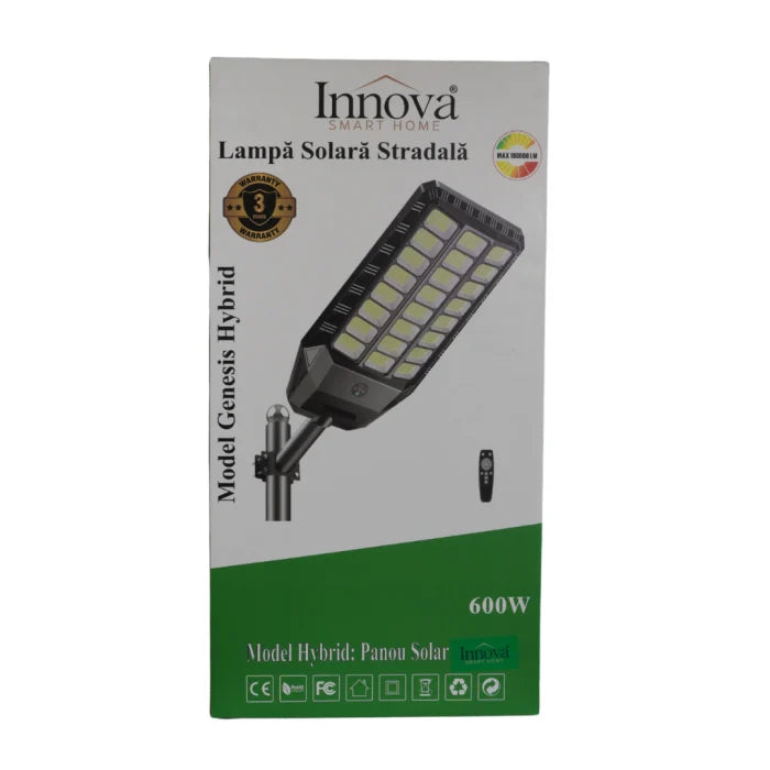Lampa Solara Stradala Innova Helio PRO 1000W, LED, 15.000 Lumeni, Telecomanda, Senzor prin Inductie, Autonomie 13 ore, Stalp metalic inclus, Multiple functii de programare