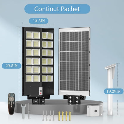 Lampa Solara Stradala Innova PRO 1000W, LED Next Gen, 12.000 Lumeni, Telecomanda, Senzor de Lumina, Autonomie 13 ore, Stalp metalic inclus, Multiple functii de programare
