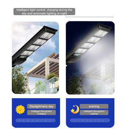 Lampa Solara Stradala LED 200W, 6500 Lumeni tehnologie LED Ultra Light, Telecomanda, Suport Metalic inclus Autonomie până la 12 Ore, Panou Solar cu Încărcare Rapidă, Protecție IP66