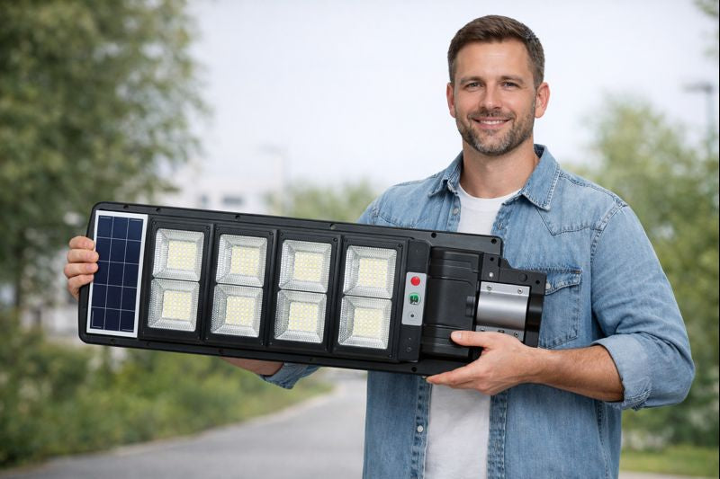 Lampa Solara Stradala LED 200W, 6500 Lumeni tehnologie LED Ultra Light, Telecomanda, Suport Metalic inclus Autonomie până la 12 Ore, Panou Solar cu Încărcare Rapidă, Protecție IP66