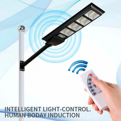 Lampa Solara Stradala LED 500W, 9500 Lumeni tehnologie LED Ultra Light, Senzor de miscare, Telecomanda, Suport Metalic inclus Autonomie până la 12 Ore, Panou Solar cu Încărcare Rapidă, Protecție IP66