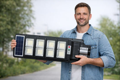 Lampa Solara Stradala LED 500W, 9500 Lumeni tehnologie LED Ultra Light, Senzor de miscare, Telecomanda, Suport Metalic inclus Autonomie până la 12 Ore, Panou Solar cu Încărcare Rapidă, Protecție IP66