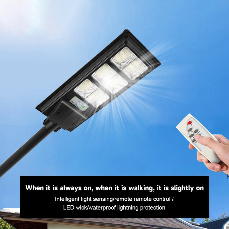Lampa Solara Stradala LED 500W, 9500 Lumeni tehnologie LED Ultra Light, Senzor de miscare, Telecomanda, Suport Metalic inclus Autonomie până la 12 Ore, Panou Solar cu Încărcare Rapidă, Protecție IP66