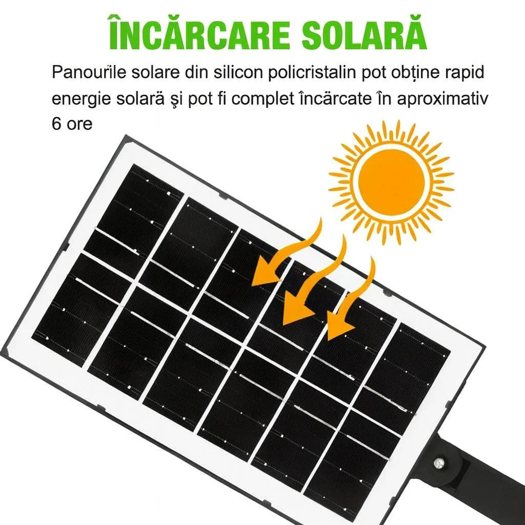 Lampă Solară Stradală LED Exterior 200W, 2000 Lumeni, Senzor de Mișcare cu Telecomandă, 230 LED Next Gen, Autonomie până la 8 Ore, Panou Solar cu Încărcare Rapidă, Protecție IP66