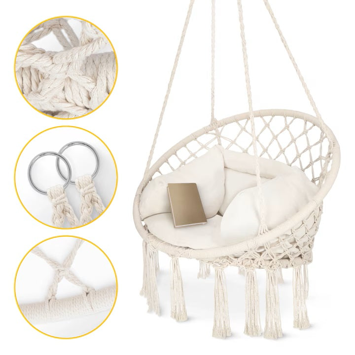 Leagăn Tip Balansoar Suspendat cu Pernă, Cadru Metalic Durabil, Șezut 60 cm, Diametru 80 cm, Frânghie Reglabilă 90-115 cm, Sarcină Maximă 150 kg, Ideal pentru Grădină sau Interior