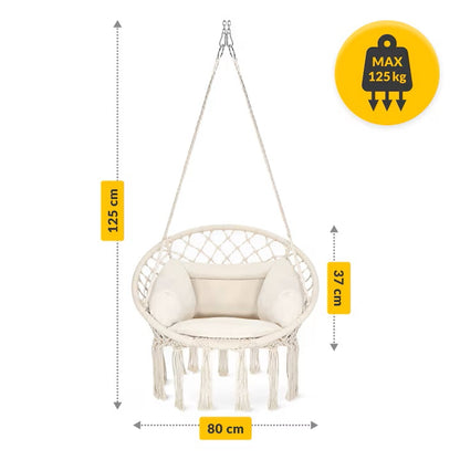Leagăn Tip Balansoar Suspendat cu Pernă, Cadru Metalic Durabil, Șezut 60 cm, Diametru 80 cm, Frânghie Reglabilă 90-115 cm, Sarcină Maximă 150 kg, Ideal pentru Grădină sau Interior