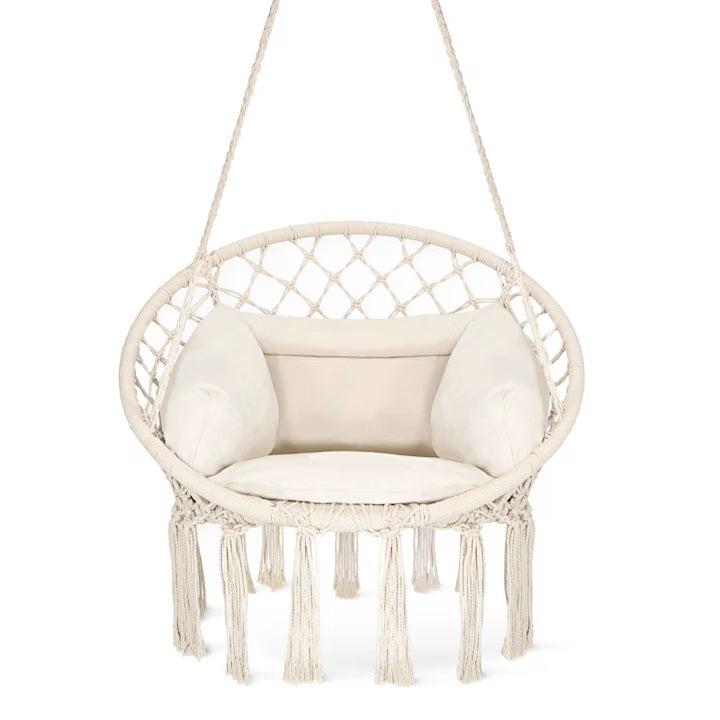 Leagăn Tip Balansoar Suspendat cu Pernă, Cadru Metalic Durabil, Șezut 60 cm, Diametru 80 cm, Frânghie Reglabilă 90-115 cm, Sarcină Maximă 150 kg, Ideal pentru Grădină sau Interior