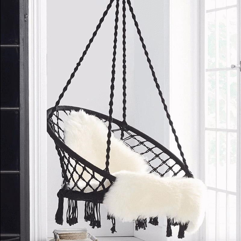 Leagăn Tip Balansoar Suspendat cu Pernă, Cadru Metalic Durabil, pentru Grădină sau Interior, Frânghie Reglabilă 90-115 cm, Sarcină Maximă 150 kg, Negru