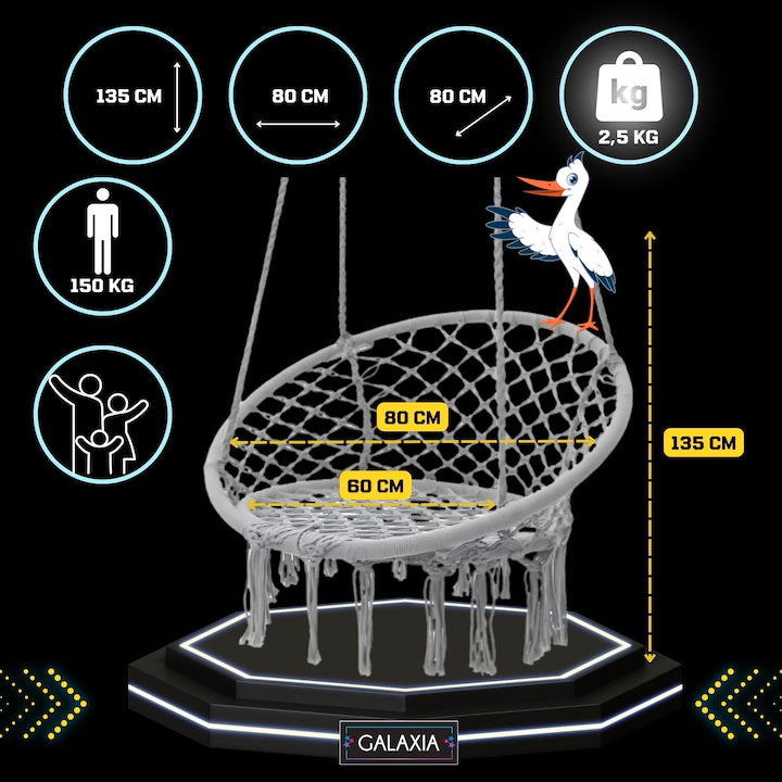 Leagăn Tip Balansoar Suspendat cu Pernă, Cadru Metalic Durabil, pentru Grădină sau Interior, Frânghie Reglabilă 90-115 cm, Sarcină Maximă 150 kg, Negru