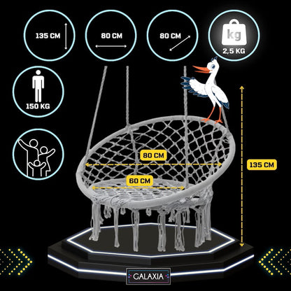Leagăn Tip Balansoar Suspendat cu Pernă, Cadru Metalic Durabil, pentru Grădină sau Interior, Frânghie Reglabilă 90-115 cm, Sarcină Maximă 150 kg, Negru