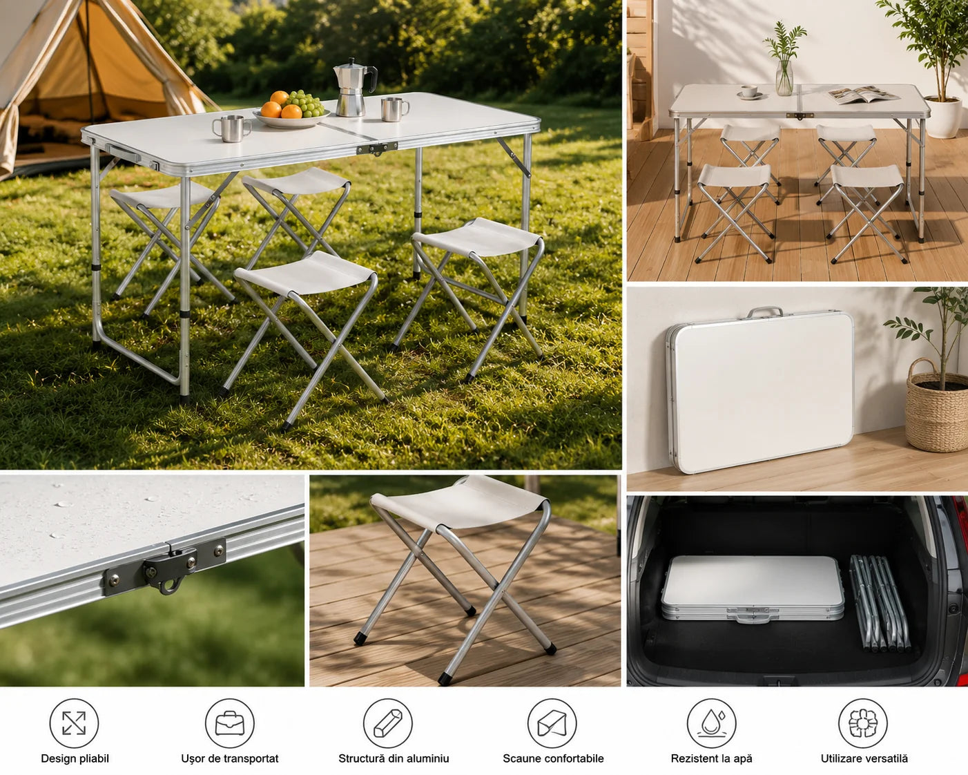 Masă Camping Pliabilă Premium cu 4 Scaune Incluse, Set Portabil din Aluminiu pentru 4 Persoane, Ideal pentru Picnic, Grădină, Terasă, Pescuit, Excursii și Activități în Aer Liber
