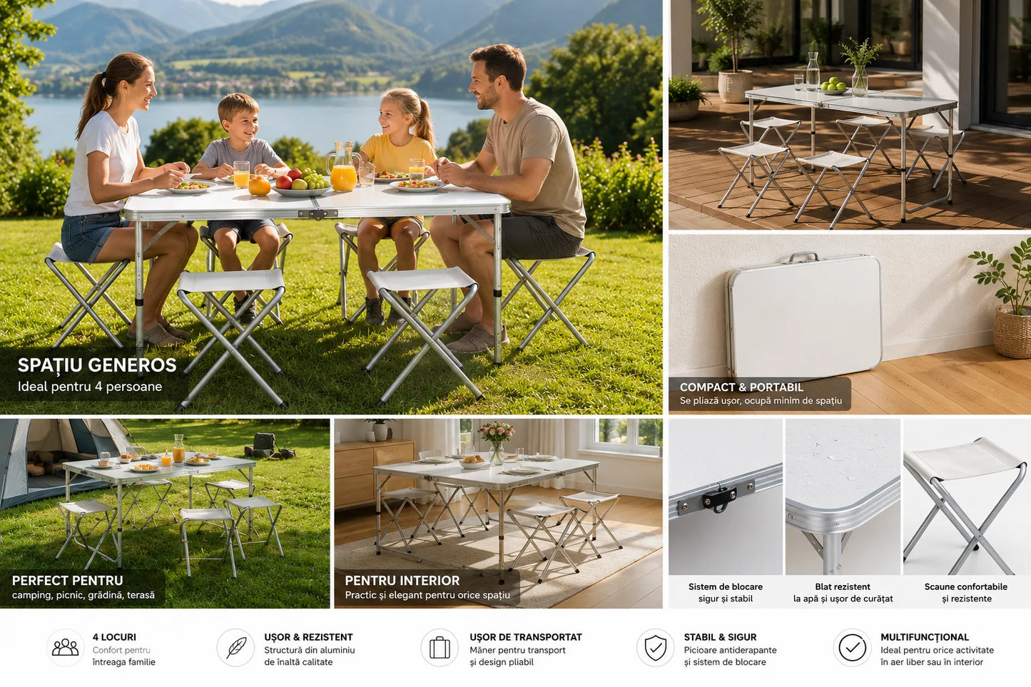 Masă Camping Pliabilă Premium cu 4 Scaune Incluse, Set Portabil din Aluminiu pentru 4 Persoane, Ideal pentru Picnic, Grădină, Terasă, Pescuit, Excursii și Activități în Aer Liber