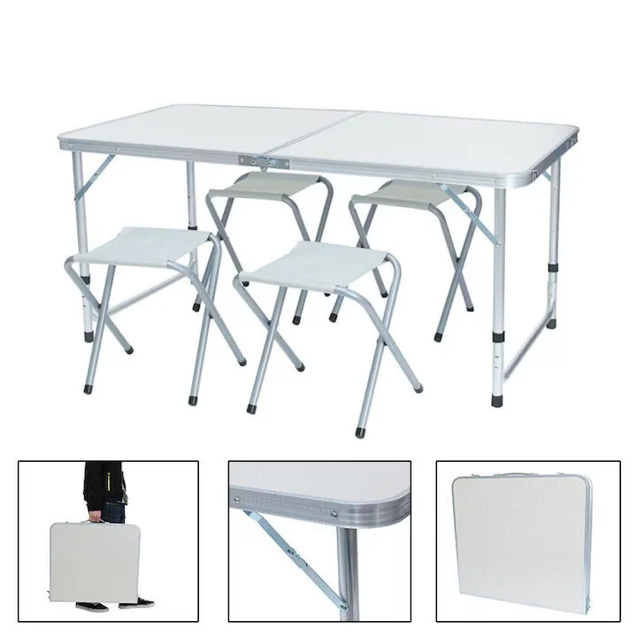 Masă Camping Pliabilă Premium cu 4 Scaune Incluse, Set Portabil din Aluminiu pentru 4 Persoane, Ideal pentru Picnic, Grădină, Terasă, Pescuit, Excursii și Activități în Aer Liber