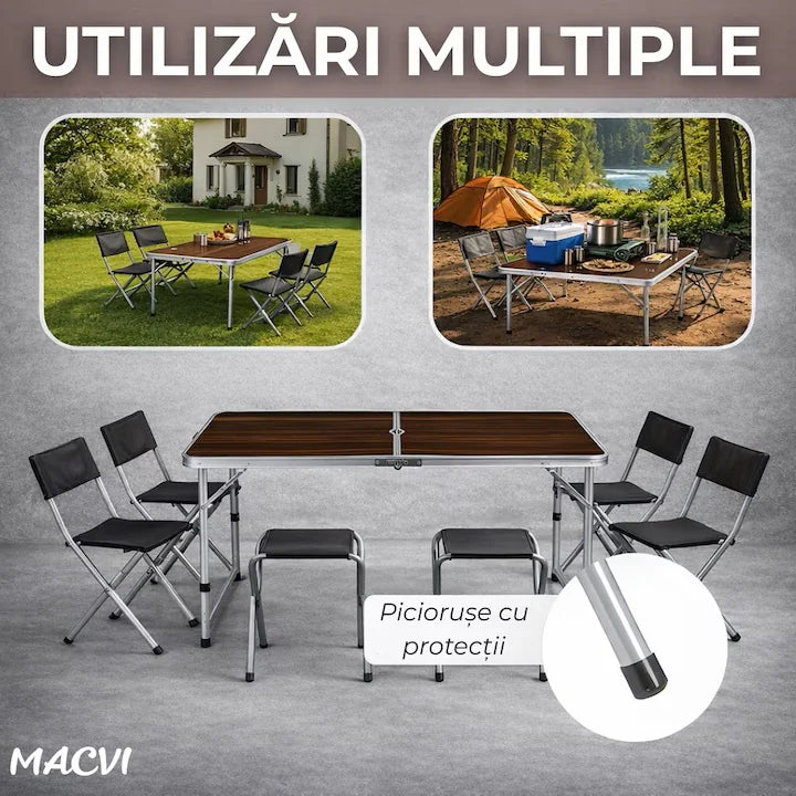 Masă Camping Pliabilă Premium cu 4 Scaune Incluse, Set Portabil din Aluminiu pentru 4 Persoane, Ideal pentru Picnic, Grădină, Terasă, Pescuit, Excursii și Activități în Aer Liber