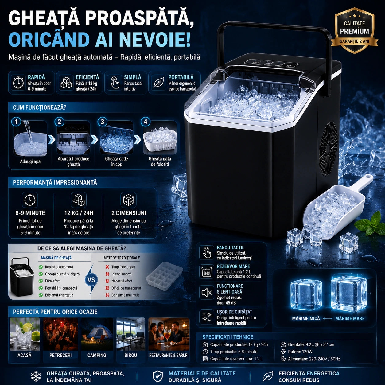 Mașină de făcut cuburi de gheață portabilă, 12 kg/24h, producție rapidă în 6-8 minute, capacitate 1.3 kg, rezervor mare de apă, operare silențioasă, panou tactil, autocurățare, consum redus de energie, ideală pentru casă, birou, camping și petreceri