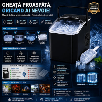 Mașină de făcut cuburi de gheață portabilă, 12 kg/24h, producție rapidă în 6-8 minute, capacitate 1.3 kg, rezervor mare de apă, operare silențioasă, panou tactil, autocurățare, consum redus de energie, ideală pentru casă, birou, camping și petreceri