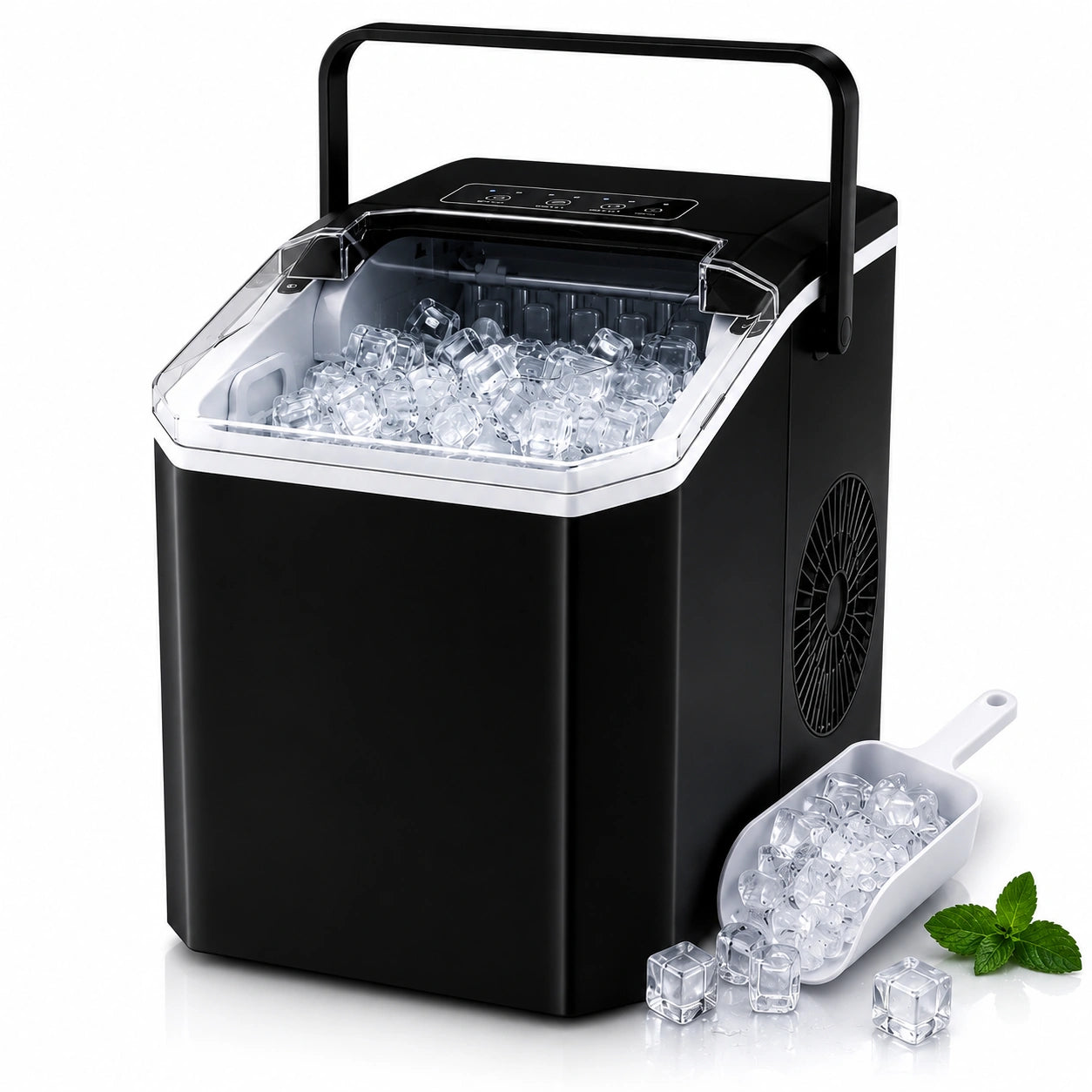 Mașină de făcut cuburi de gheață portabilă, 12 kg/24h, producție rapidă în 6-8 minute, capacitate 1.3 kg, rezervor mare de apă, operare silențioasă, panou tactil, autocurățare, consum redus de energie, ideală pentru casă, birou, camping și petreceri