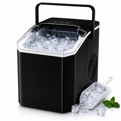 Mașină de făcut cuburi de gheață portabilă, 12 kg/24h, producție rapidă în 6-8 minute, capacitate 1.3 kg, rezervor mare de apă, operare silențioasă, panou tactil, autocurățare, consum redus de energie, ideală pentru casă, birou, camping și petreceri