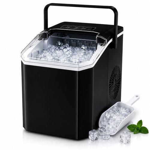 Mașină de făcut cuburi de gheață portabilă, 12 kg/24h, producție rapidă în 6-8 minute, capacitate 1.3 kg, rezervor mare de apă, operare silențioasă, panou tactil, autocurățare, consum redus de energie, ideală pentru casă, birou, camping și petreceri