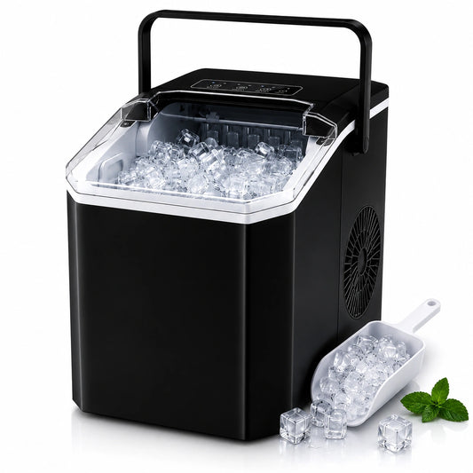 Mașină de făcut cuburi de gheață portabilă, 12 kg/24h, producție rapidă în 6-8 minute, capacitate 1.3 kg, rezervor mare de apă, operare silențioasă, panou tactil, autocurățare, consum redus de energie, ideală pentru casă, birou, camping și petreceri