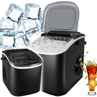 Mașină de făcut cuburi de gheață portabilă, 12 kg/24h, producție rapidă în 6-8 minute, capacitate 1.3 kg, rezervor mare de apă, operare silențioasă, panou tactil, autocurățare, consum redus de energie, ideală pentru casă, birou, camping și petreceri