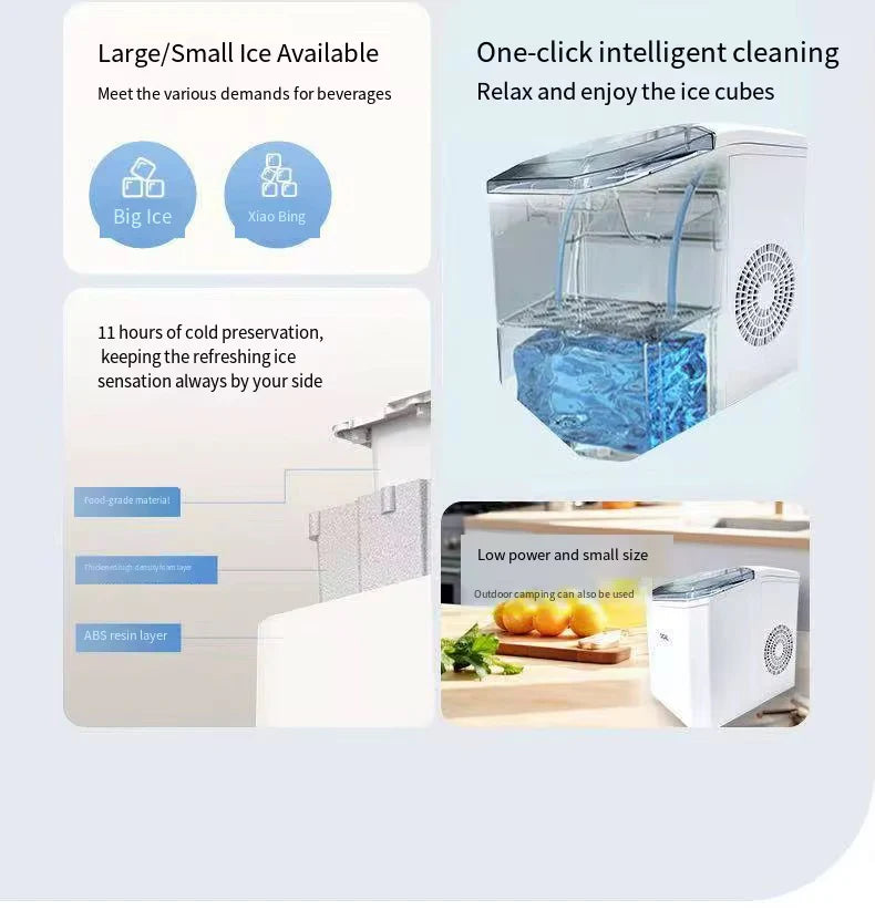 Mașină de făcut cuburi de gheață portabilă, 12 kg/24h, producție rapidă în 6-8 minute, capacitate 1.3 kg, rezervor mare de apă, operare silențioasă, panou tactil, autocurățare, consum redus de energie, ideală pentru casă, birou, camping și petreceri