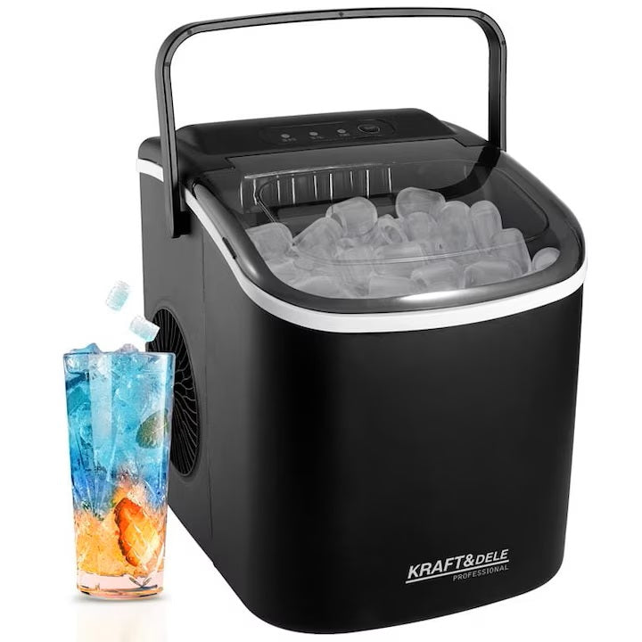Mașină de făcut cuburi de gheață portabilă, 12 kg/24h, producție rapidă în 6-8 minute, capacitate 1.3 kg, rezervor mare de apă, operare silențioasă, panou tactil, autocurățare, consum redus de energie, ideală pentru casă, birou, camping și petreceri