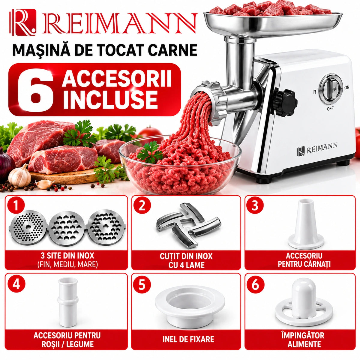 Mașină de Tocat Carne Electrică REIMANN 3500W, Tocare rapidă 120kg/h, Funcție Reverse, 6 Accesorii Incluse, pentru Cârnați, și kubbe