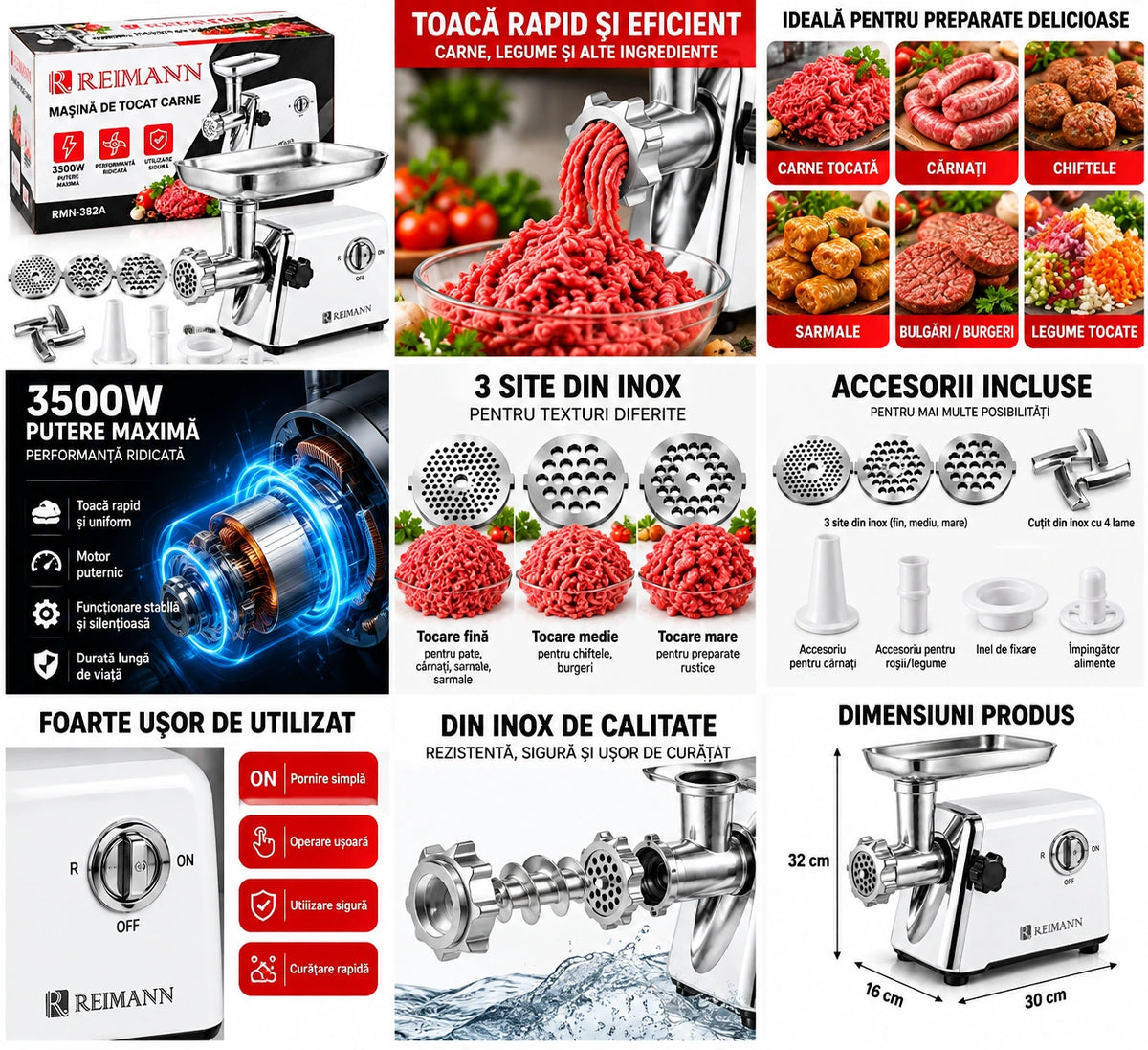 Mașină de Tocat Carne Electrică REIMANN 3500W, Tocare rapidă 120kg/h, Funcție Reverse, 6 Accesorii Incluse, pentru Cârnați, și kubbe