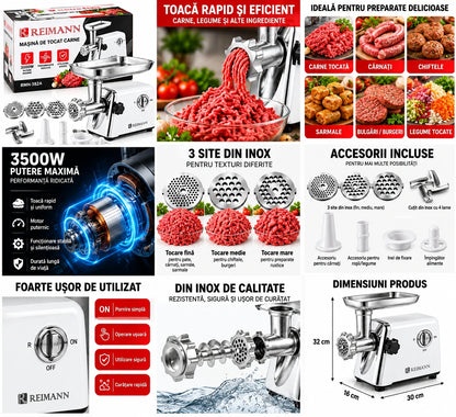 Mașină de Tocat Carne Electrică REIMANN 3500W, Tocare rapidă 120kg/h, Funcție Reverse, 6 Accesorii Incluse, pentru Cârnați, și kubbe