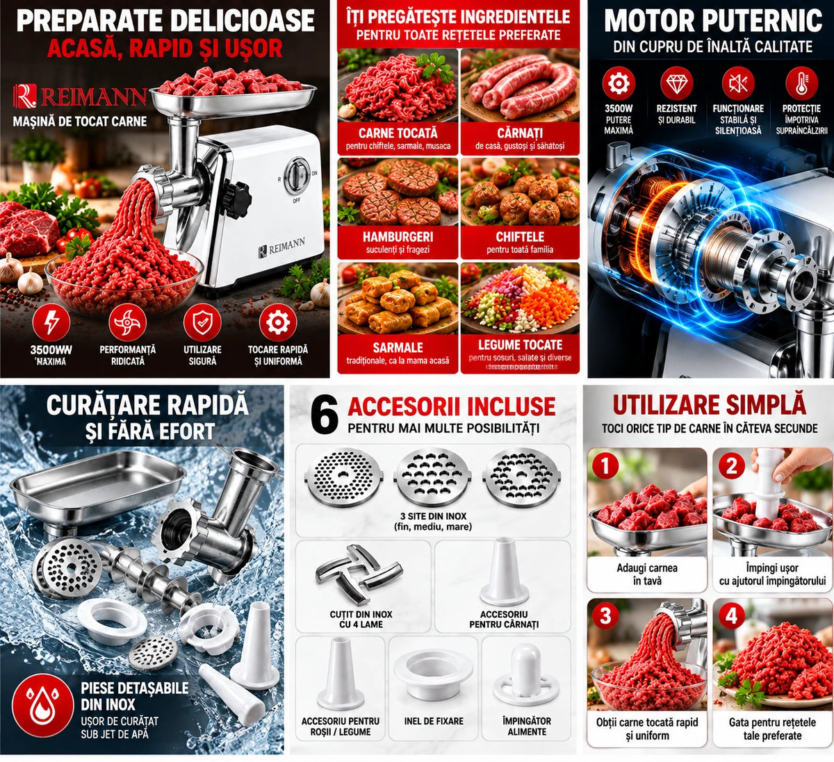 Mașină de Tocat Carne Electrică REIMANN 3500W, Tocare rapidă 120kg/h, Funcție Reverse, 6 Accesorii Incluse, pentru Cârnați, și kubbe