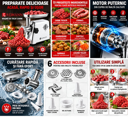 Mașină de Tocat Carne Electrică REIMANN 3500W, Tocare rapidă 120kg/h, Funcție Reverse, 6 Accesorii Incluse, pentru Cârnați, și kubbe