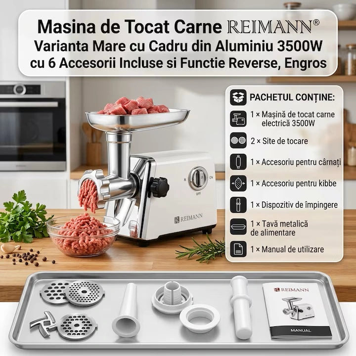 Mașină de Tocat Carne Electrică REIMANN 3500W, Tocare rapidă 120kg/h, Funcție Reverse, 6 Accesorii Incluse, pentru Cârnați, și kubbe