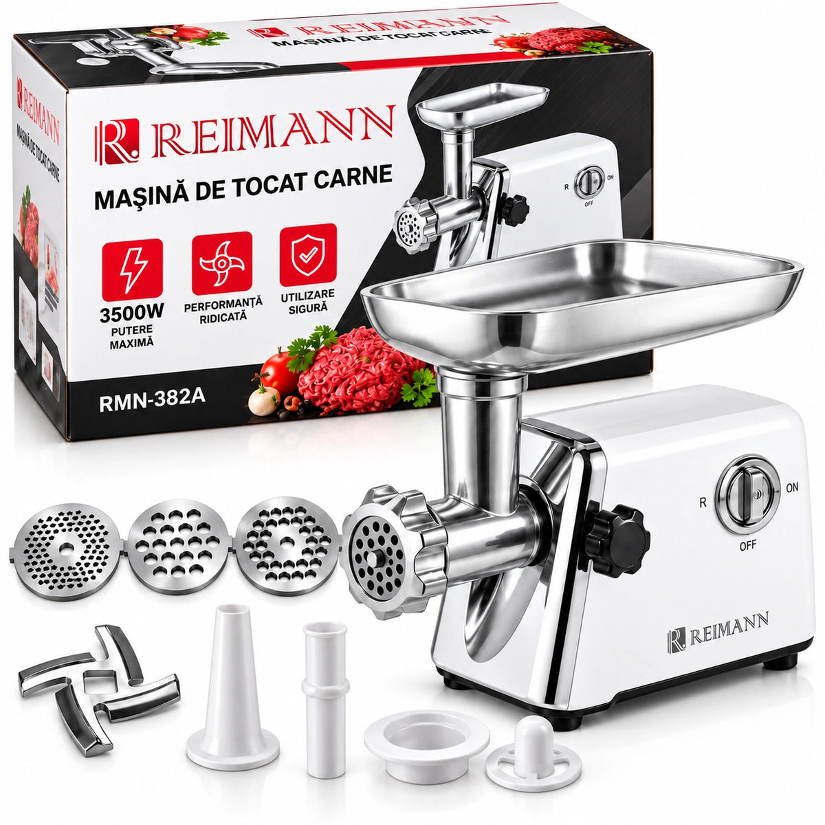 Mașină de Tocat Carne Electrică REIMANN 3500W, Tocare rapidă 120kg/h, Funcție Reverse, 6 Accesorii Incluse, pentru Cârnați, și kubbe