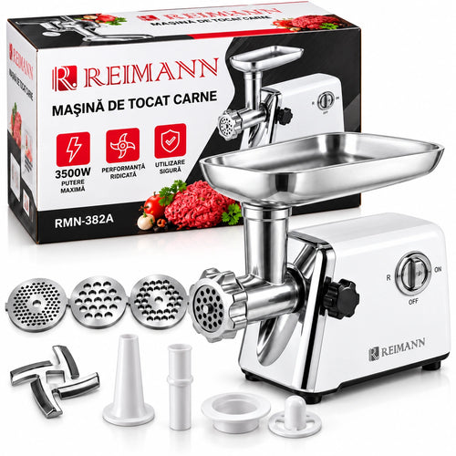 Mașină de Tocat Carne Electrică REIMANN 3500W, Tocare rapidă 120kg/h, Funcție Reverse, 6 Accesorii Incluse, pentru Cârnați, și kubbe