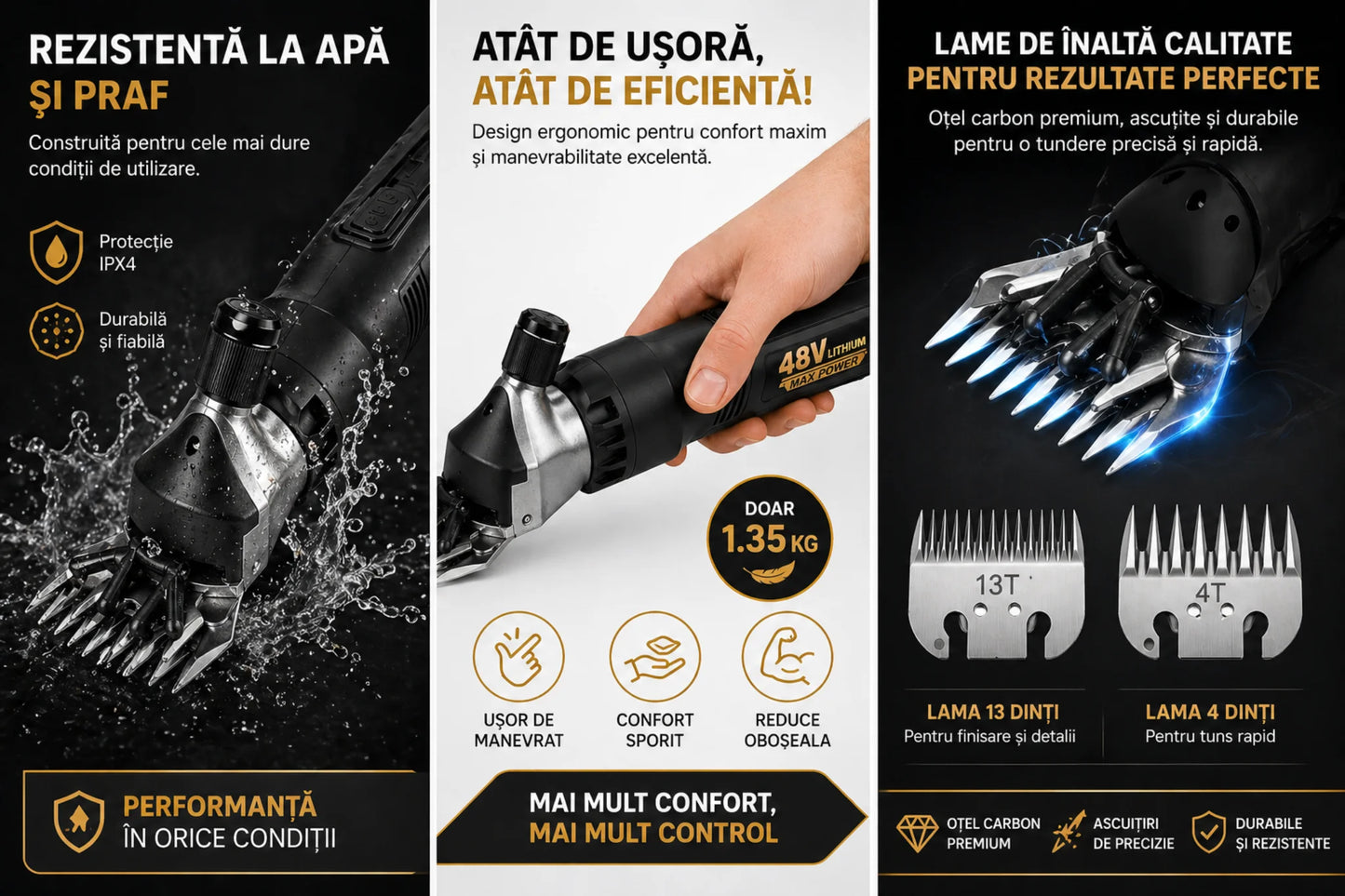 Masina de Tuns Oi Electrica profesionala cu 2X Acumulatori 48V, 750W, 2X Lame de Rezerva Incluse, 6 Trepte de viteza, 6500 RPM, Pentru oi, capre, alpaca, caini de talie mare și diverse animale