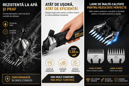Masina de Tuns Oi Electrica profesionala cu 2X Acumulatori 48V, 750W, 2X Lame de Rezerva Incluse, 6 Trepte de viteza, 6500 RPM, Pentru oi, capre, alpaca, caini de talie mare și diverse animale