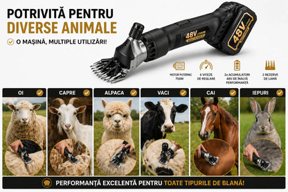 Masina de Tuns Oi Electrica profesionala cu 2X Acumulatori 48V, 750W, 2X Lame de Rezerva Incluse, 6 Trepte de viteza, 6500 RPM, Pentru oi, capre, alpaca, caini de talie mare și diverse animale