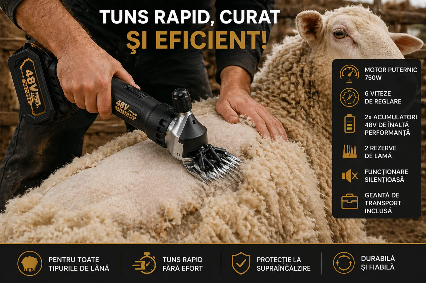 Masina de Tuns Oi Electrica profesionala cu 2X Acumulatori 48V, 750W, 2X Lame de Rezerva Incluse, 6 Trepte de viteza, 6500 RPM, Pentru oi, capre, alpaca, caini de talie mare și diverse animale