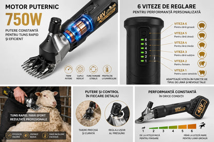 Masina de Tuns Oi Electrica profesionala cu 2X Acumulatori 48V, 750W, 2X Lame de Rezerva Incluse, 6 Trepte de viteza, 6500 RPM, Pentru oi, capre, alpaca, caini de talie mare și diverse animale