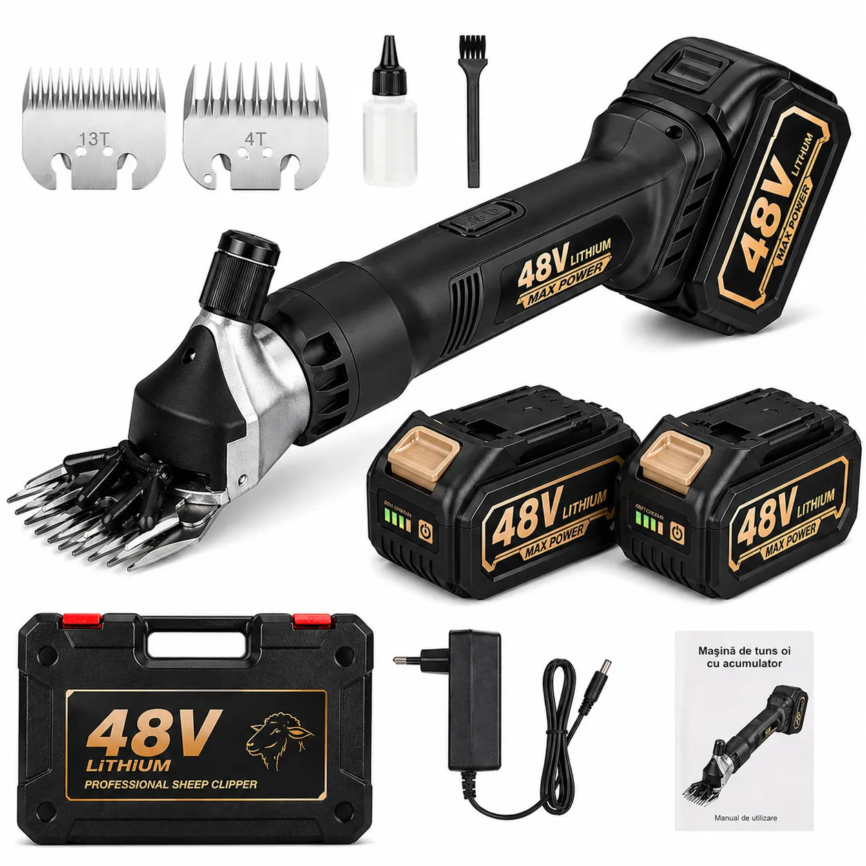 Masina de Tuns Oi Electrica profesionala cu 2X Acumulatori 48V, 750W, 2X Lame de Rezerva Incluse, 6 Trepte de viteza, 6500 RPM, Pentru oi, capre, alpaca, caini de talie mare și diverse animale