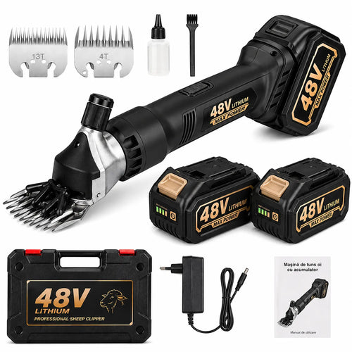 Masina de Tuns Oi Electrica profesionala cu 2X Acumulatori 48V, 750W, 2X Lame de Rezerva Incluse, 6 Trepte de viteza, 6500 RPM, Pentru oi, capre, alpaca, caini de talie mare și diverse animale