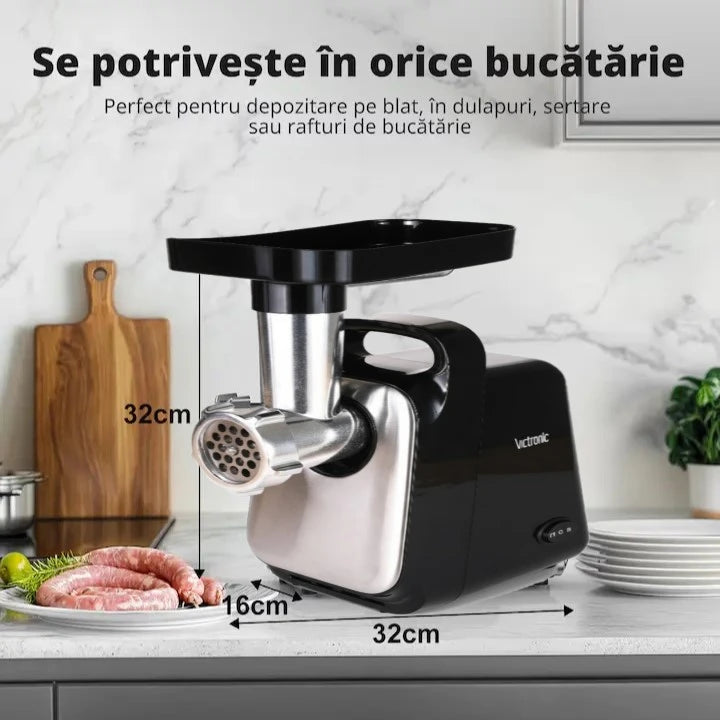 Masina de Tocat carne si legume electrica 1200W Multifunctionala, Victronic Tocare rapidă 80kg/h, 2 site, accesorii cârnați și kubbe