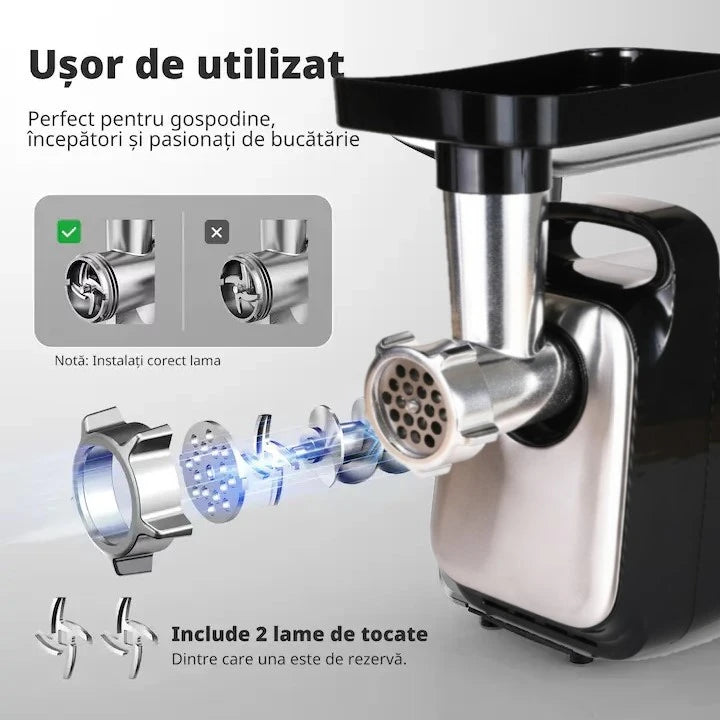 Masina de Tocat carne si legume electrica 1200W Multifunctionala, Victronic Tocare rapidă 80kg/h, 2 site, accesorii cârnați și kubbe