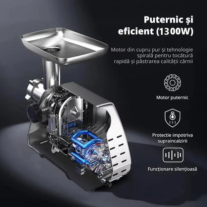 Masina de Tocat carne si legume electrica 1300W Functii Multiple, Victronic Tocare rapidă 90kg/h, 2 site, accesorii cârnați și kubbe