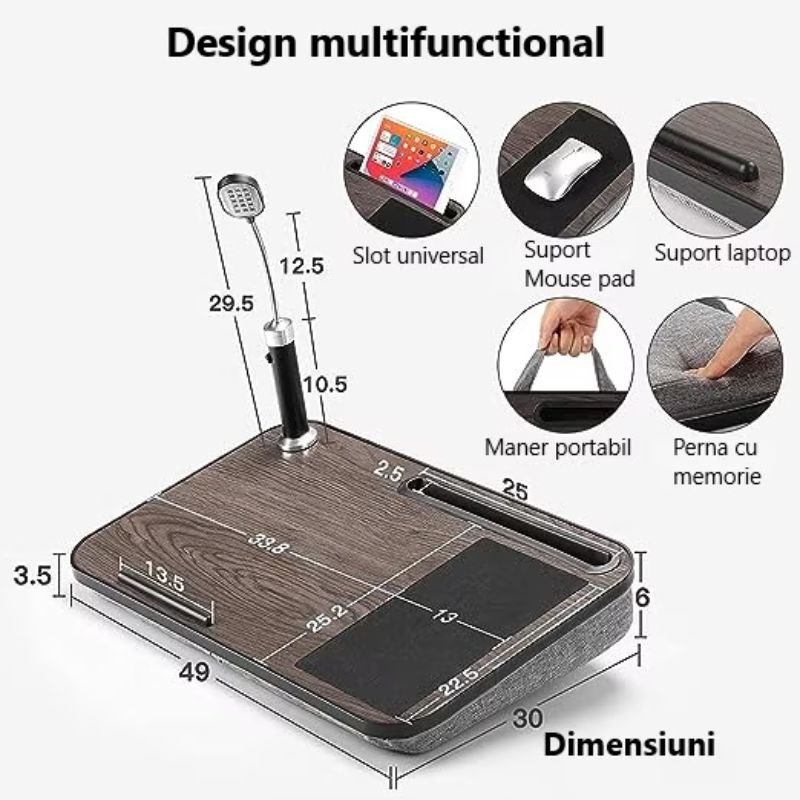 Masuta laptop stand XPD multifunctionala, blat MDF, mouse pad, suport pentru telefon si tableta