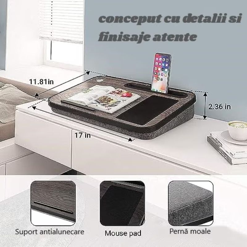 Masuta laptop stand XPD multifunctionala, blat MDF, mouse pad, suport pentru telefon si tableta